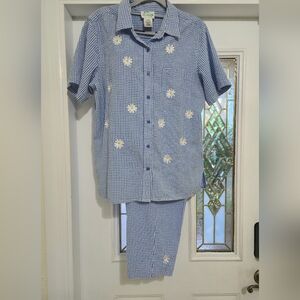 Lg Quacker Factory Blue and White Gingham Womens Shirt & Matching Crop Pants